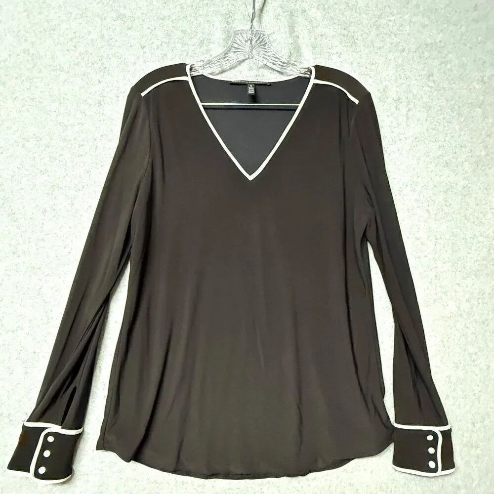 WHBM Piped Blouse Sz M, Black with Ecru Trim